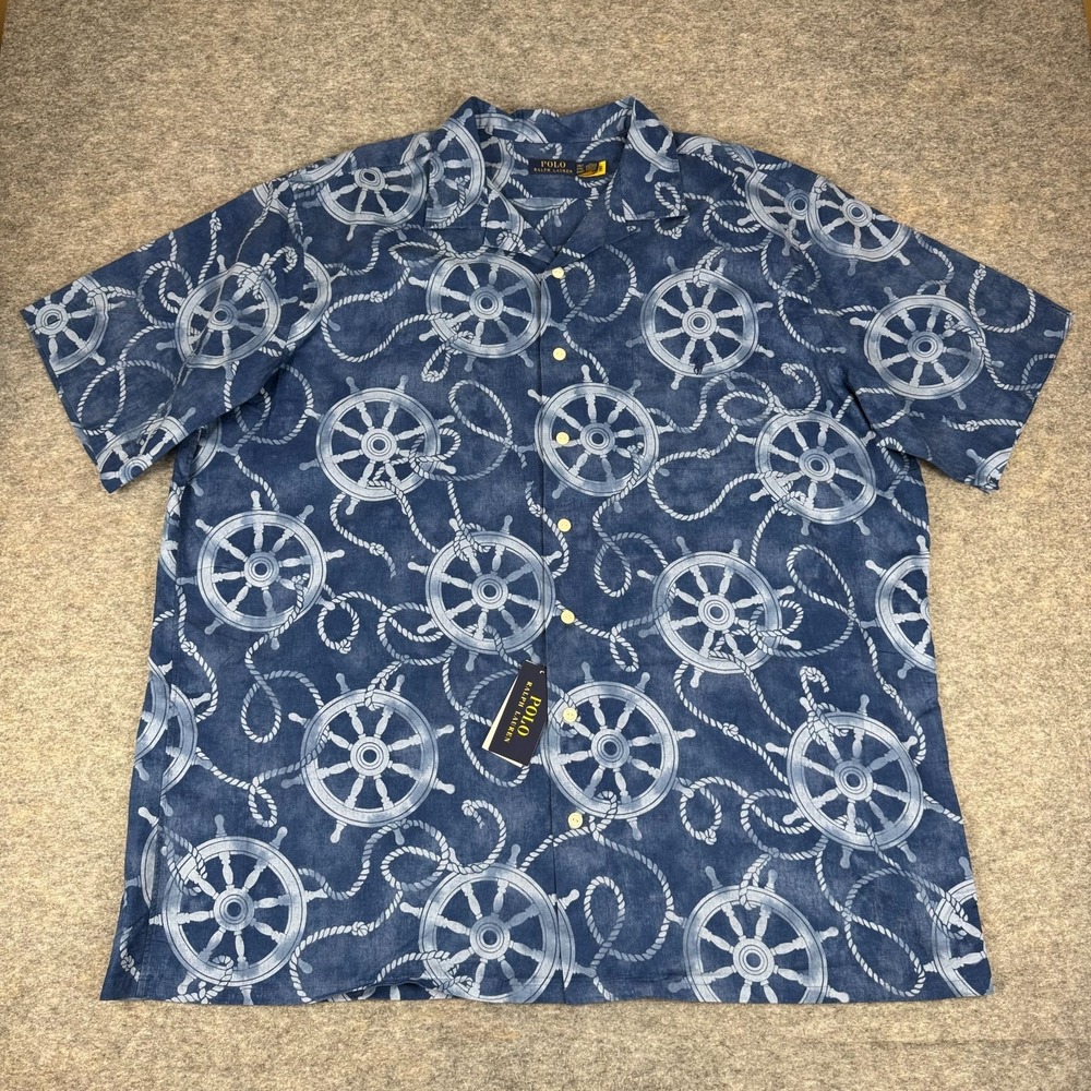 Polo Ralph‎ Lauren Cotton Linen Camp Shirt Nautical Blue Mens 2XLT TALL